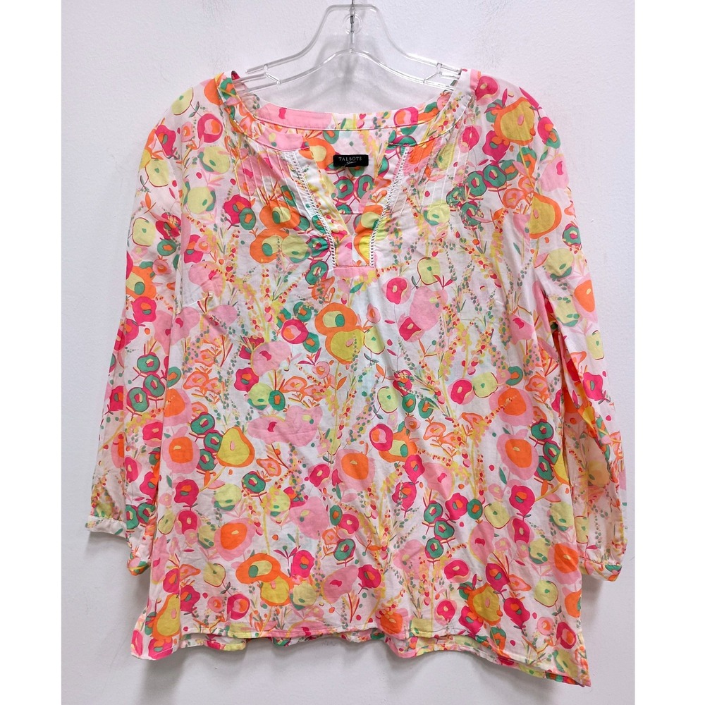Talbots Floral Tunic Top Womens LP Pink Orange Cotton Boho Cottagecore